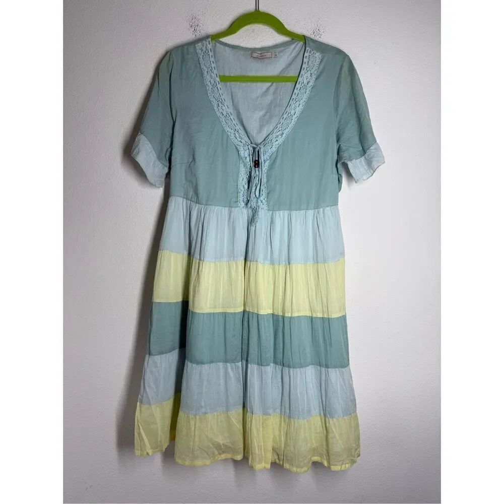 Cream Women’s Bohemian Babydoll Dress Colorblock  Lined Cotton Dress Sz L *Notes